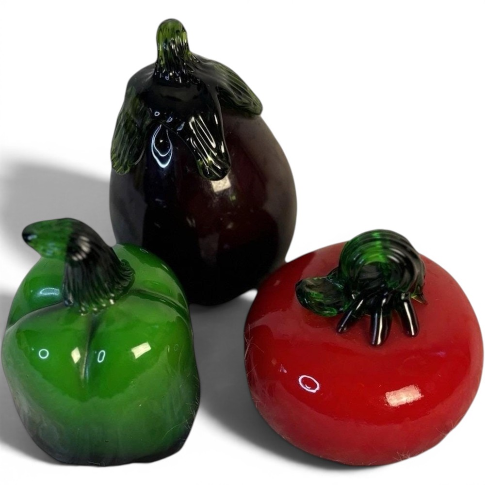 Vintage Hand Blown Glass Vegetable Trio Tomato Eggplant Bell Pepper Figurines